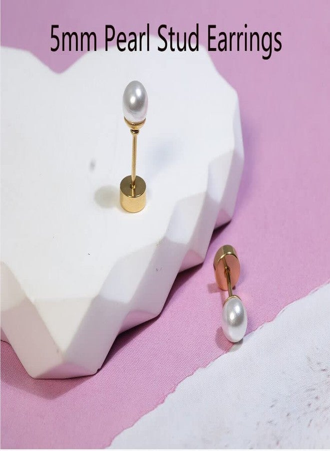 Renkovte 14K Gold Screw Back Pearl Stud Earrings for Women,Flat Back Pearl Cartilage Earrings Helix Earrings Hypoallergenic 316L Surgical Steel Piercing Jewelry Gift for Toddlers (5mm Pearl, Gold) - Image 2